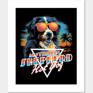 Retro Wave Australian Shepherd Hot Dog Shirt Posters and Art